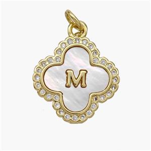 Copper Clover Pendant Pave Shell Zirconia Letter-M 18K Gold Plated, approx 17.5mm