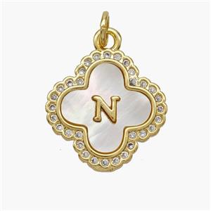 Copper Clover Pendant Pave Shell Zirconia Letter-N 18K Gold Plated, approx 17.5mm