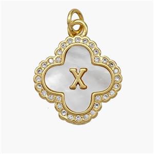 Copper Clover Pendant Pave Shell Zirconia Letter-X 18K Gold Plated, approx 17.5mm