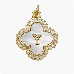 Copper Clover Pendant Pave Shell Zirconia Letter-Y 18K Gold Plated, approx 17.5mm