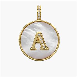 Copper Letter-A Pendant Pave Shell Zirconia Circle 18K Gold Plated, approx 18mm