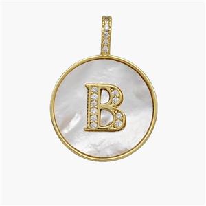 Copper Letter-B Pendant Pave Shell Zirconia Circle 18K Gold Plated, approx 18mm