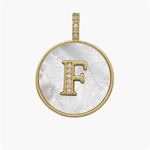 Copper Letter-F Pendant Pave Shell Zirconia Circle 18K Gold Plated, approx 18mm