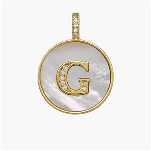 Copper Letter-G Pendant Pave Shell Zirconia Circle 18K Gold Plated, approx 18mm