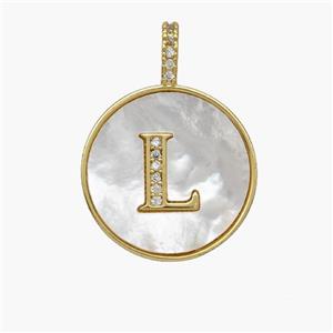 Copper Letter-L Pendant Pave Shell Zirconia Circle 18K Gold Plated, approx 18mm