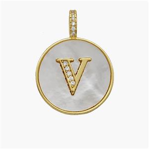 Copper Letter-V Pendant Pave Shell Zirconia Circle 18K Gold Plated, approx 18mm