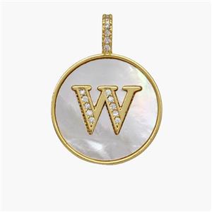 Copper Letter-W Pendant Pave Shell Zirconia Circle 18K Gold Plated, approx 18mm