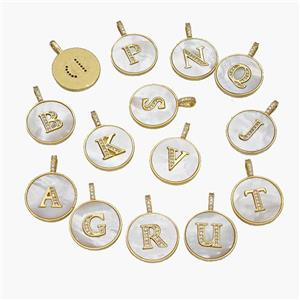 Copper Letter-A Pendant Pave Shell Zirconia Circle Alphabet 18K Gold Plated Mixed, approx 18mm