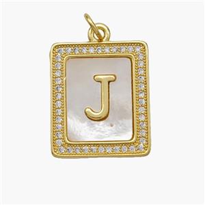 Copper Letter-J Pendant Pave Shell Zirconia Rectangle 18K Gold Plated, approx 17-20mm