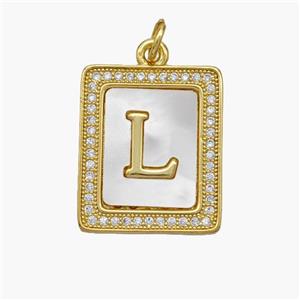 Copper Letter-L Pendant Pave Shell Zirconia Rectangle 18K Gold Plated, approx 17-20mm