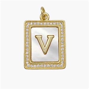 Copper Letter-V Pendant Pave Shell Zirconia Rectangle 18K Gold Plated, approx 17-20mm