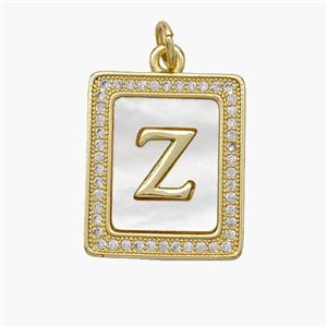 Copper Letter-Z Pendant Pave Shell Zirconia Rectangle 18K Gold Plated, approx 17-20mm