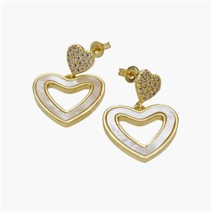 Copper Heart Stud Earrings Pave Shell Zirconia 18K Gold Plated, approx 8mm, 18mm