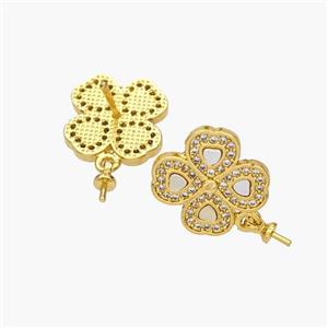 Copper Clover Stud Earrings Pave Shell Zirconia 18K Gold Plated, approx 15mm