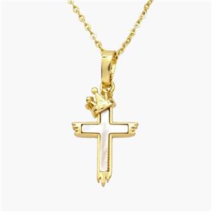 Copper Cross Necklace Pave Shell Crown Gold Plated, approx 12-18mm, 1.2mm, 44cm length