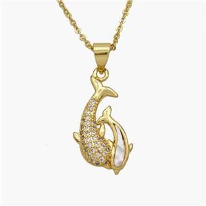 Copper Dolphin Necklace Pave Shell Zirconia Gold Plated, approx 12-20mm, 1.2mm, 44cm length