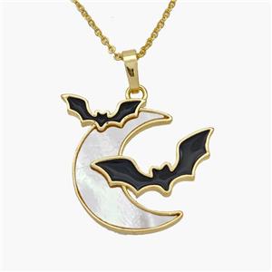 Halloween Bat Charms Copper Moon Necklace Pave Shell Enamel Gold Plated, approx 21-25mm, 1.2mm, 44cm length