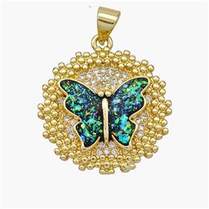 Copper Butterfly Pendant Pave Fire Opal Zirconia 18K Gold Plated, approx 21mm