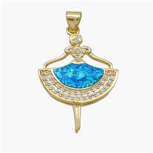 Copper Girl Dancer Pendant Pave Fire Opal Zirconia Skirt 18K Gold Plated, approx 21-27mm