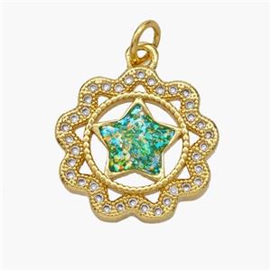 Copper Star Pendant Pave Fire Opal Zirconia Flower 18K Gold Plated, approx 17mm