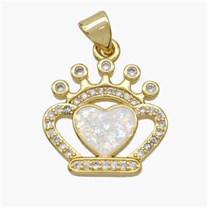 Copper Crown Heart Pendant Pave Fire Opal Zirconia 18K Gold Plated, approx 18mm