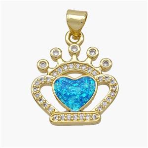 Copper Crown Heart Pendant Pave Fire Opal Zirconia 18K Gold Plated, approx 18mm