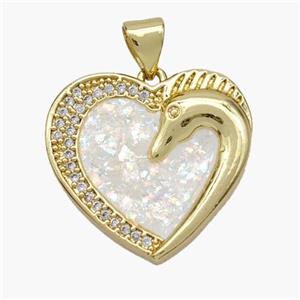 Copper Heart Pendant Pave Fire Opal Zirconia Swan 18K Gold Plated, approx 21mm