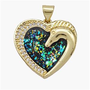 Copper Heart Pendant Pave Fire Opal Zirconia Swan 18K Gold Plated, approx 21mm