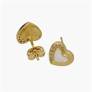 Copper Heart Stud Earrings Pave Fire Opal Zirconia 18K Gold Plated, approx 10mm