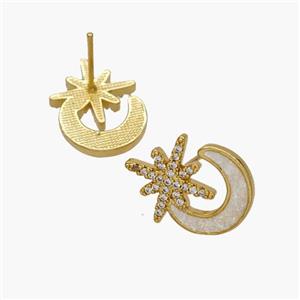 Copper Moon Star Stud Earrings Pave Fire Opal Zirconia 18K Gold Plated, approx 14-18mm