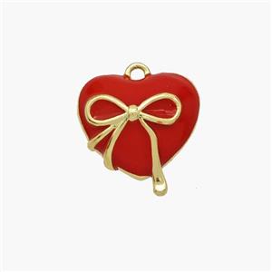 Copper Heart Pendant Red Enamel Bowknot Gold Plated, approx 14mm