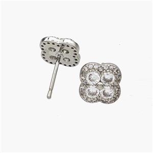 Copper Clover Stud Earrings Pave Zirconia Platinum Plated, approx 10mm