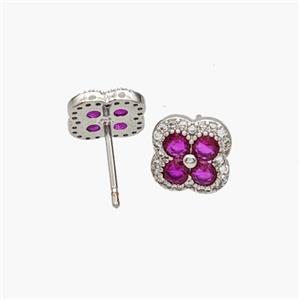 Copper Clover Stud Earrings Pave Zirconia Platinum Plated, approx 10mm