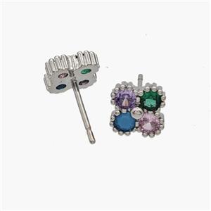 Copper Clover Stud Earrings Pave Zirconia Platinum Plated, approx 8mm