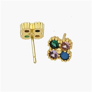 Copper Clover Stud Earrings Pave Zirconia Gold Plated, approx 8mm