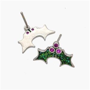 Copper Bat Stud Earrings Pave Zirconia Platinum Plated, approx 10-13mm