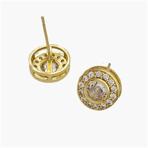 Copper Coin Stud Earrings Pave Zirconia Gold Plated, approx 10mm