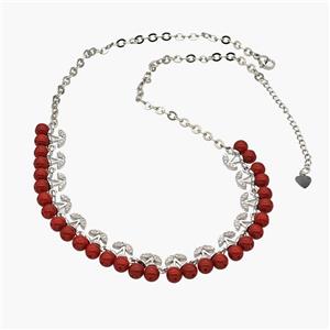 Copper Cherry Necklace Pave Zirconia Red Resin Ball Platinum Plated, approx 11mm, 40-45cm length