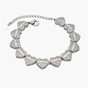 Copper Heart Bracelet Pave Zirconia Platinum Plated, approx 11mm, 16-22cm length