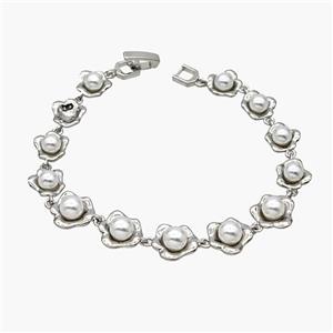 Copper Bracelet Pave Pearlized Resin Flower Platinum Plated, approx 9-11mm, 18cm length