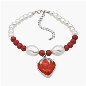 Pearlized Resin Bracelet With Copper Cherry Pendant Red Enamel Platinum Plated, approx 18-25mm, 6-14mm, 16-21cm length