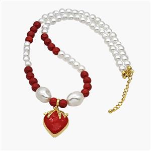 Pearlized Resin Necklace With Copper Cherry Pendant Red Enamel Gold Plated, approx 18-25mm, 6-14mm, 40-45cm length