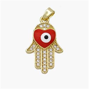 Copper Hamsahand Pendant Pave Zirconia Evil Eye Red Enamel Gold Plated, approx 14-20mm