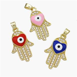 Copper Hamsahand Pendant Pave Zirconia Evil Eye Enamel Gold Plated Mixed, approx 14-20mm