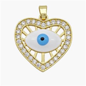 Copper Heart Pendant Pave Zirconia Evil Eye White Enamel Gold Plated, approx 20mm