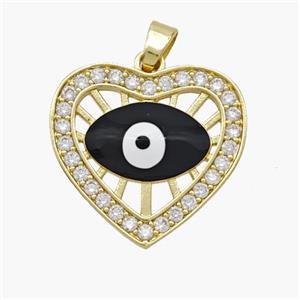 Copper Heart Pendant Pave Zirconia Evil Eye Black Enamel Gold Plated, approx 20mm