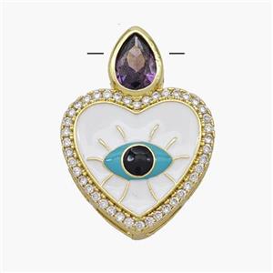 Copper Heart Pendant Pave Zirconia Evil Eye White Enamel Gold Plated, approx 18mm