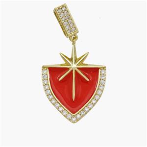 Copper Northstar Pendant Pave Zirconia Red Enamel Shield Gold Plated, approx 20-25mm, 5-7mm