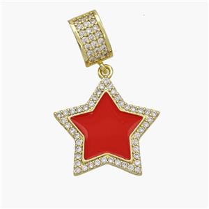 Copper Star Pendant Pave Zirconia Red Enamel Gold Plated, approx 21mm, 6-10mm