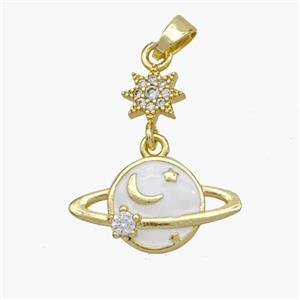 Copper Planet Pendant White Enamel Star Pave Zirconia Gold Plated, approx 7mm, 10-19mm